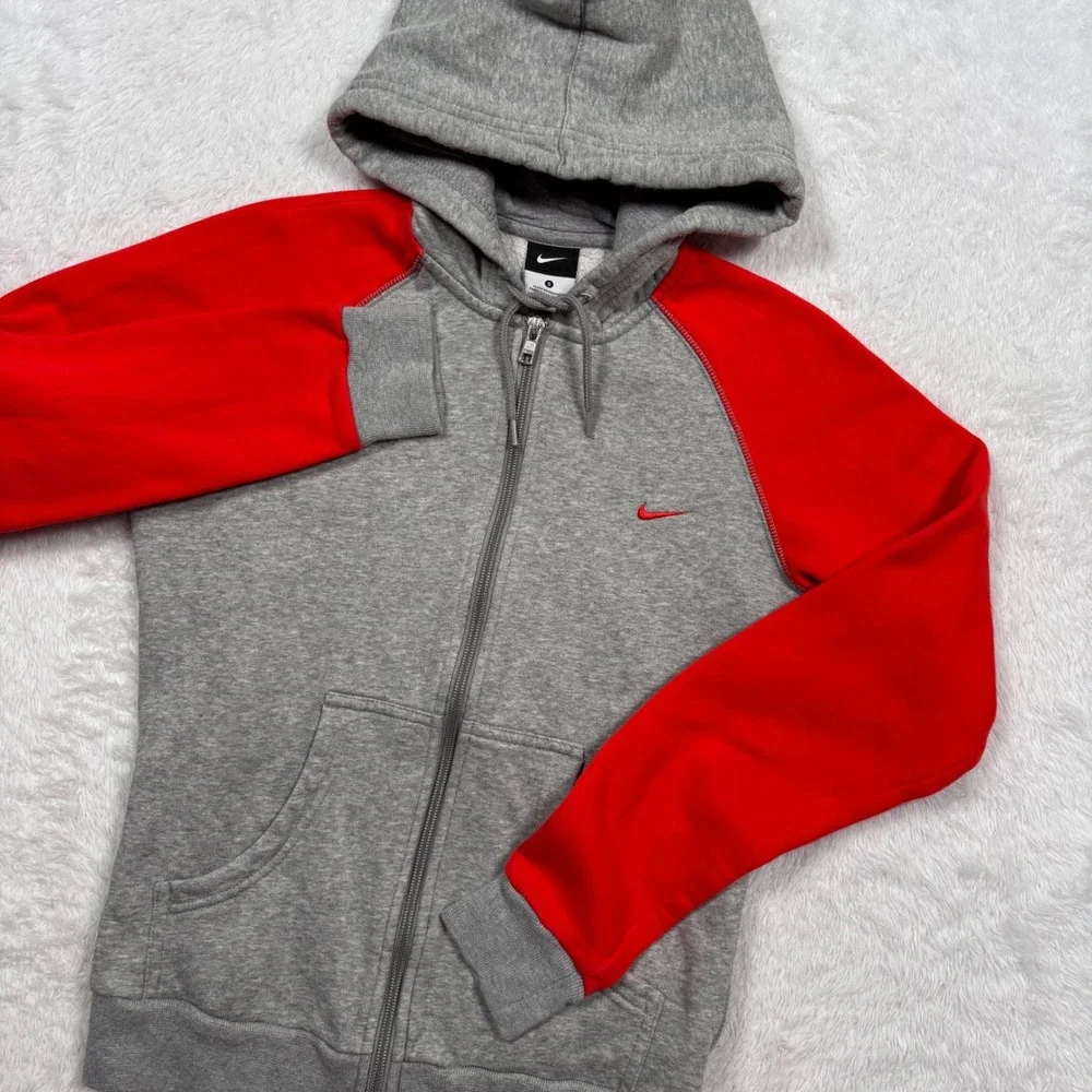 Y2K Nike Full Zip Hoodie Women S (FIT XS) Grey Red Colorblock Raglan Fleece Logo